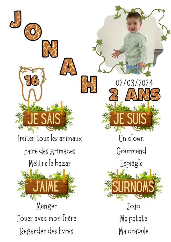 Affiche personnalisable d'évolution pour enfant, en mettant l'âge, le prénom, ce qu'il sait faire, ses surnoms et ce qu'il aime faire. / papeterie personnalisée