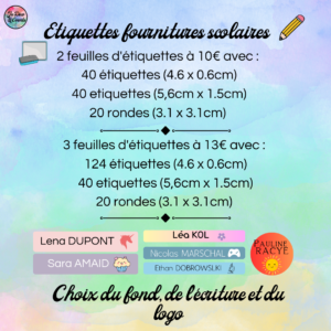 Etiquettes pour fournitures scolaires avec les informations.